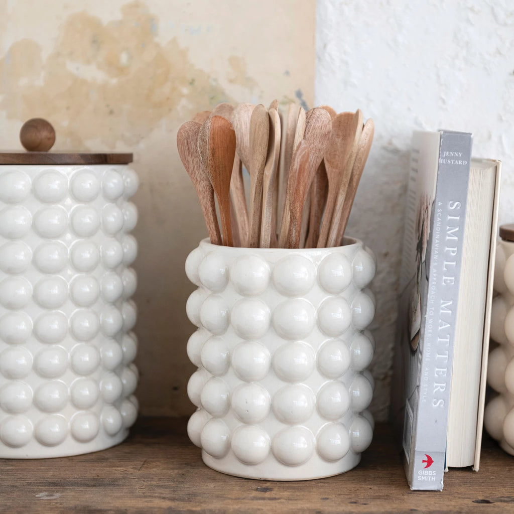 Creative Co-Op | Stoneware Canister w/Raised Dots & Acacia Wood Lid, Assorted Sizes