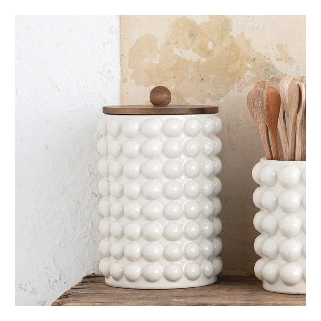 Creative Co-Op | Stoneware Canister w/Raised Dots & Acacia Wood Lid, Assorted Sizes