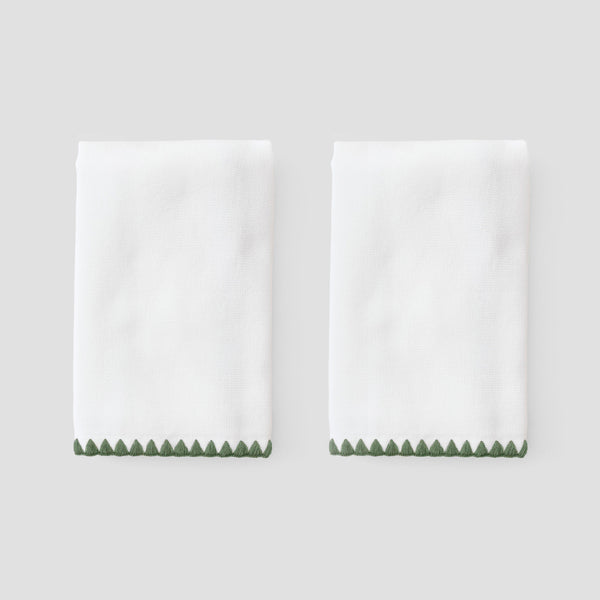 Stitched Edge Powder Bath Towels Pair, Green on White, Assorted Sizes