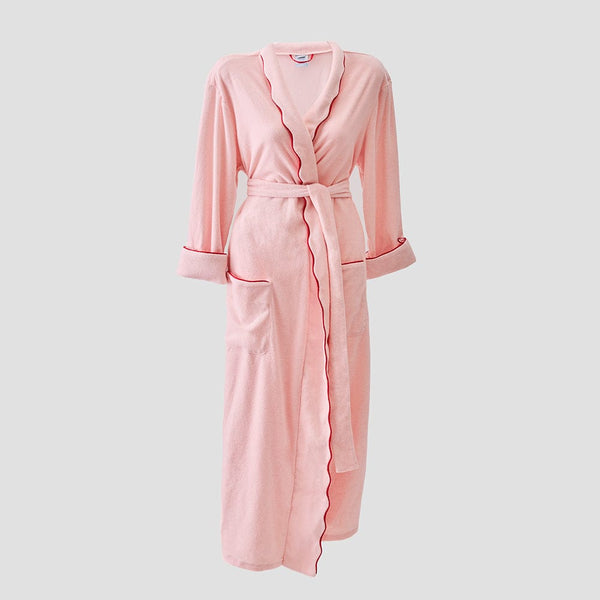 Women's Long Scallop Lightweight Robe, Pink with Red