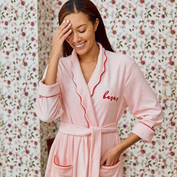 Women's Long Scallop Lightweight Robe, Pink with Red
